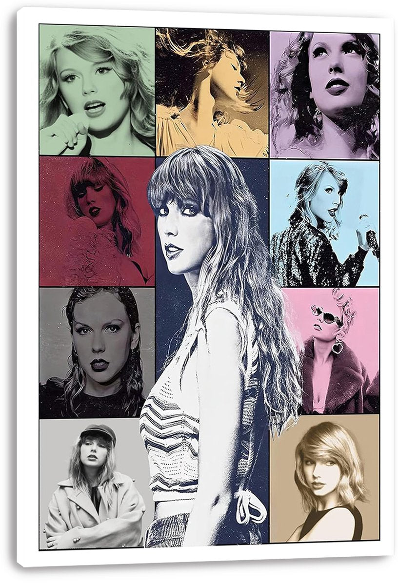 Taylor Swift canvas wall art print featuring nine stylized singer portraits in mint, gold, lavender, red, blue, pink, and gray.