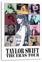 Taylor Swift canvas wall art print with a multicolor portrait collage, white gallery-wrapped edges, and bold The Eras Tour lettering.