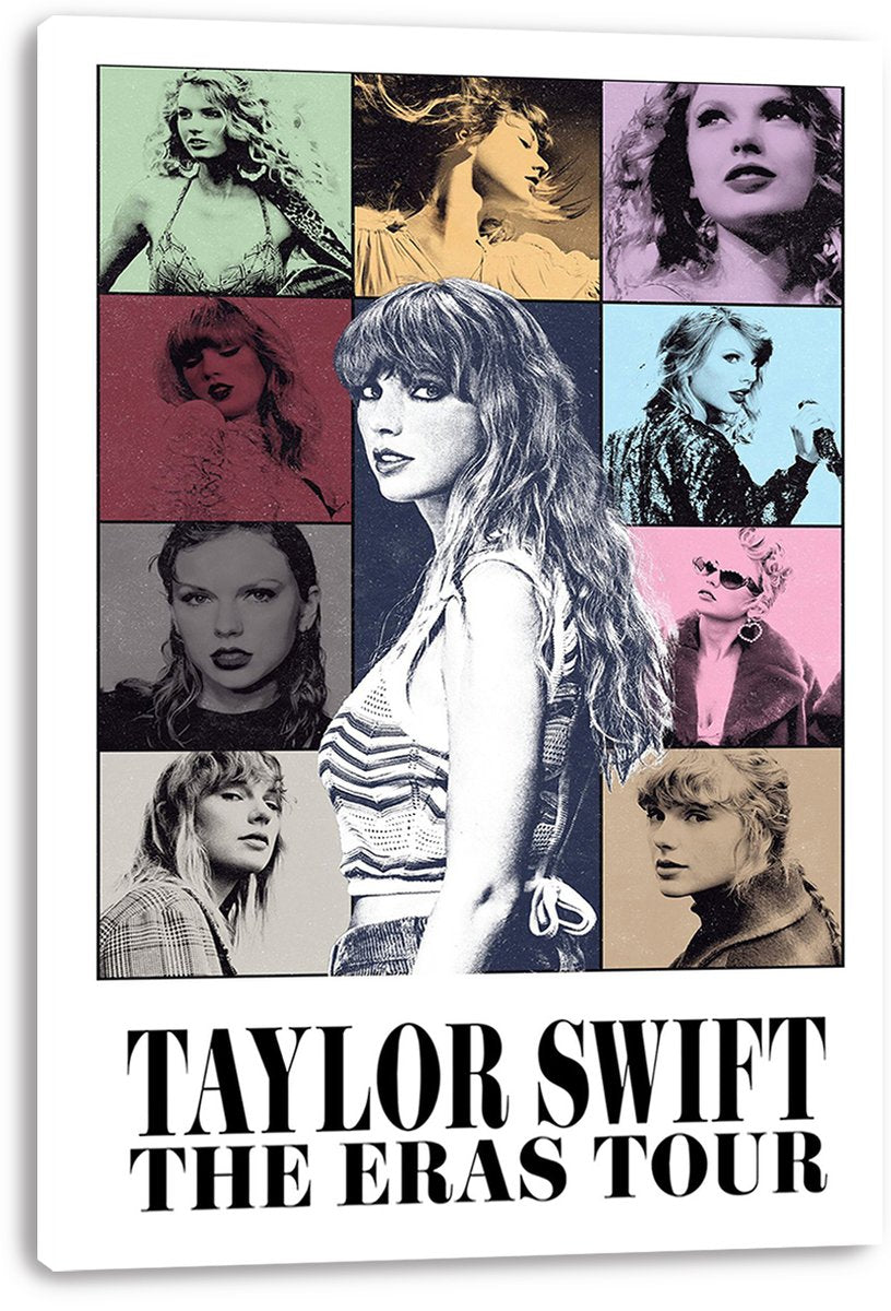 Taylor Swift canvas wall art print with a multicolor portrait collage, white gallery-wrapped edges, and bold The Eras Tour lettering.