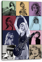 Taylor Swift canvas wall art print featuring a central guitar pose and eight tinted portrait panels in a gallery-wrap display.