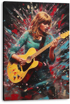 Taylor Swift canvas wall art print features a blonde guitarist in a teal jacket against energetic red, blue, and black abstract brushstrokes.