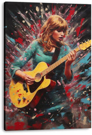 Taylor Swift canvas wall art print features a blonde guitarist in a teal jacket against energetic red, blue, and black abstract brushstrokes.