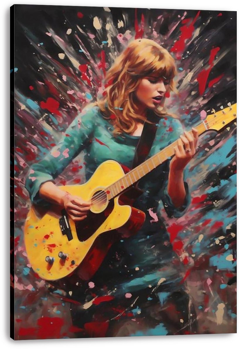 Taylor Swift canvas wall art print features a blonde guitarist in a teal jacket against energetic red, blue, and black abstract brushstrokes.