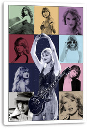 Taylor Swift canvas wall art print featuring a multicolor grid of portraits around a central stage pose with guitar.