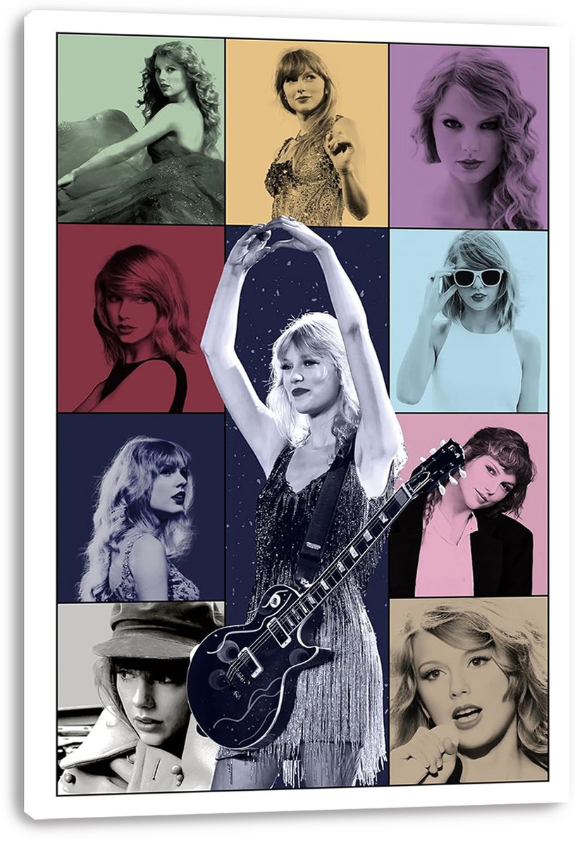 Taylor Swift canvas wall art print featuring a multicolor grid of portraits around a central stage pose with guitar.