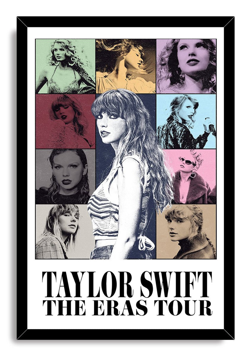 Taylor Swift framed wall art print in a black frame, with a nine-panel color collage and large The Eras Tour title.