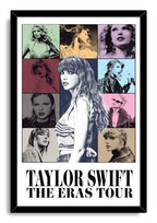 Taylor Swift framed wall art print in a black frame, with a nine-panel color collage and large The Eras Tour title.