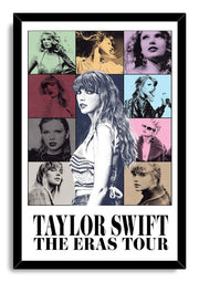 Taylor Swift framed wall art print in a black frame, with a nine-panel color collage and large The Eras Tour title.