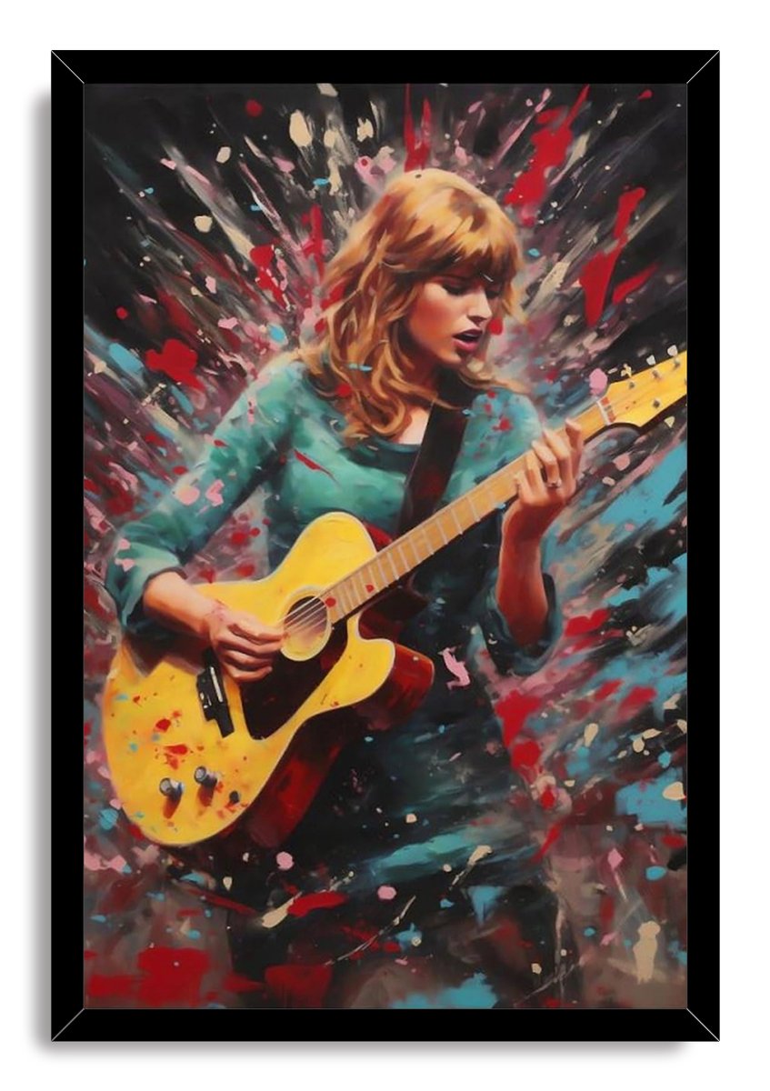 Taylor Swift framed wall art print depicts a blonde woman strumming a yellow guitar surrounded by vibrant teal, red, and pink splatter art.
