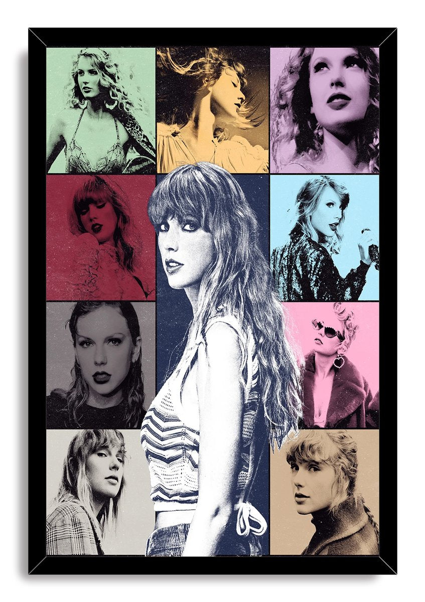 Taylor Swift framed wall art print with a black border, central portrait, and colorful grid of stylized Taylor Swift photographs.
