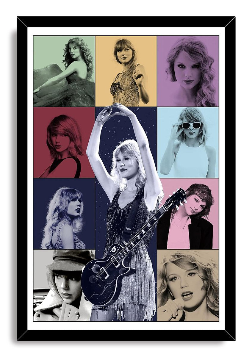 Taylor Swift framed wall art print with pastel and dark portrait panels, a central guitar performance pose, and black frame.