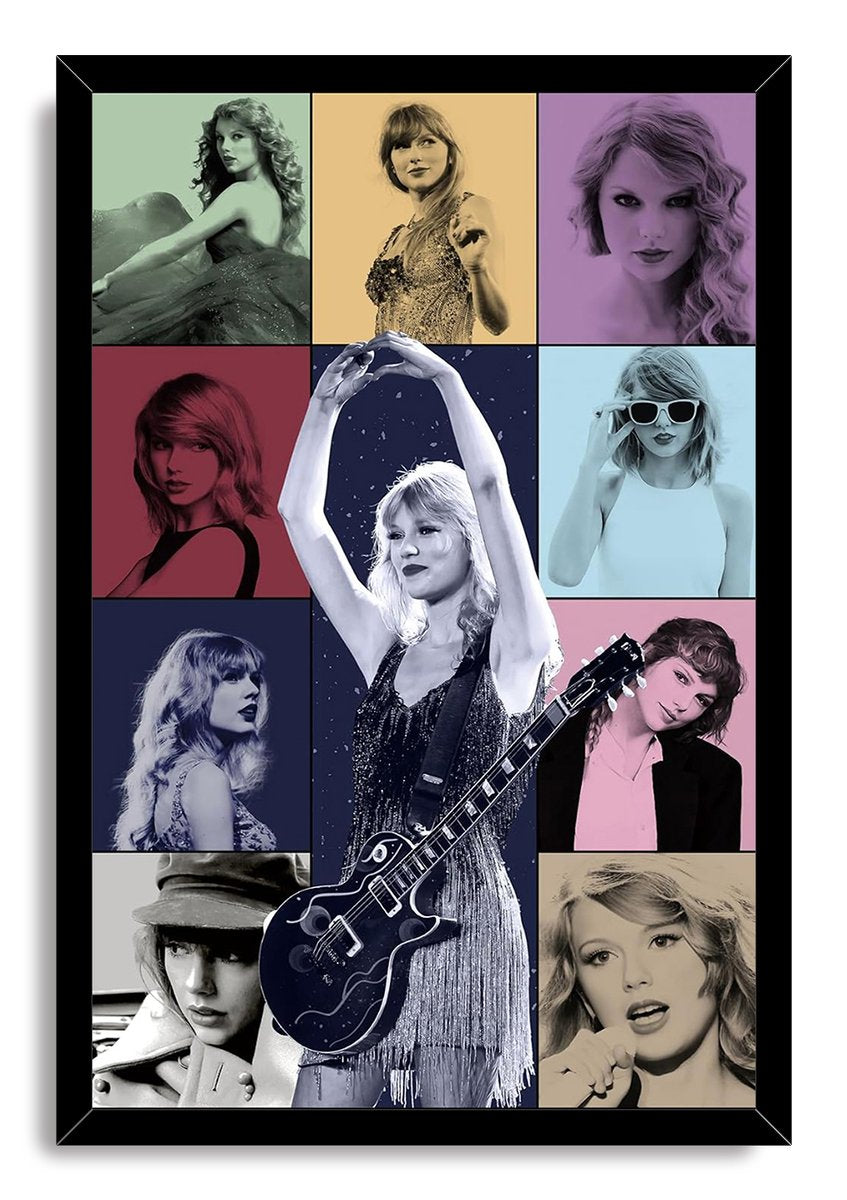 Taylor Swift framed wall art print with a black border, central guitar performance portrait, and multicolor surrounding panels.