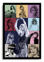 Taylor Swift framed wall art print with a black border, central guitar performance portrait, and multicolor surrounding panels.