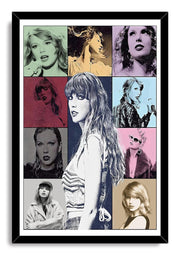 Taylor Swift framed wall art print with a black frame and white mat around a multicolor collage of singer portraits.