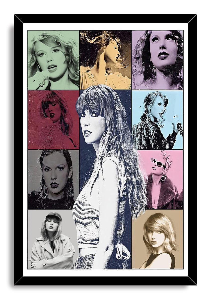 Taylor Swift framed wall art print with a black frame and white mat around a multicolor collage of singer portraits.