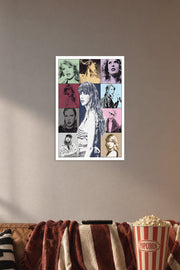 Taylor Swift in a cozy movie room above a brown sofa with popcorn.