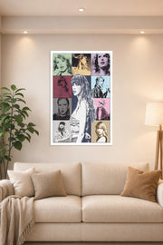 Taylor Swift in a bright living room above a beige sofa.