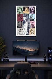 Taylor Swift in a gaming desk setup above a monitor.