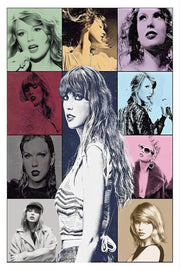 Taylor Swift wall art print with a central monochrome portrait surrounded by colorful pop-art panels of the singer.