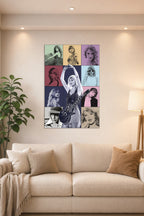Taylor Swift in a bright living room above a beige sofa.