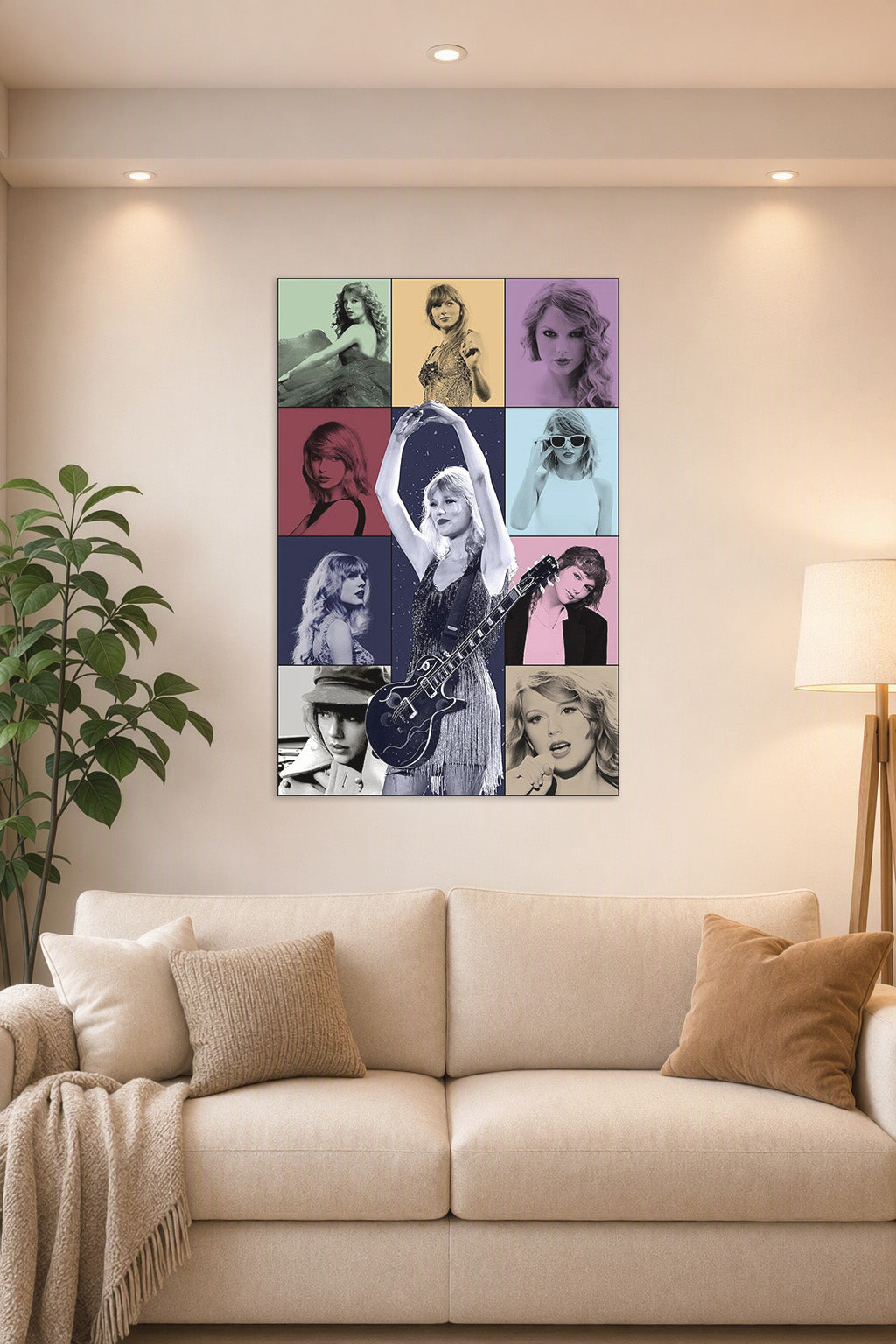 Taylor Swift in a bright living room above a beige sofa.