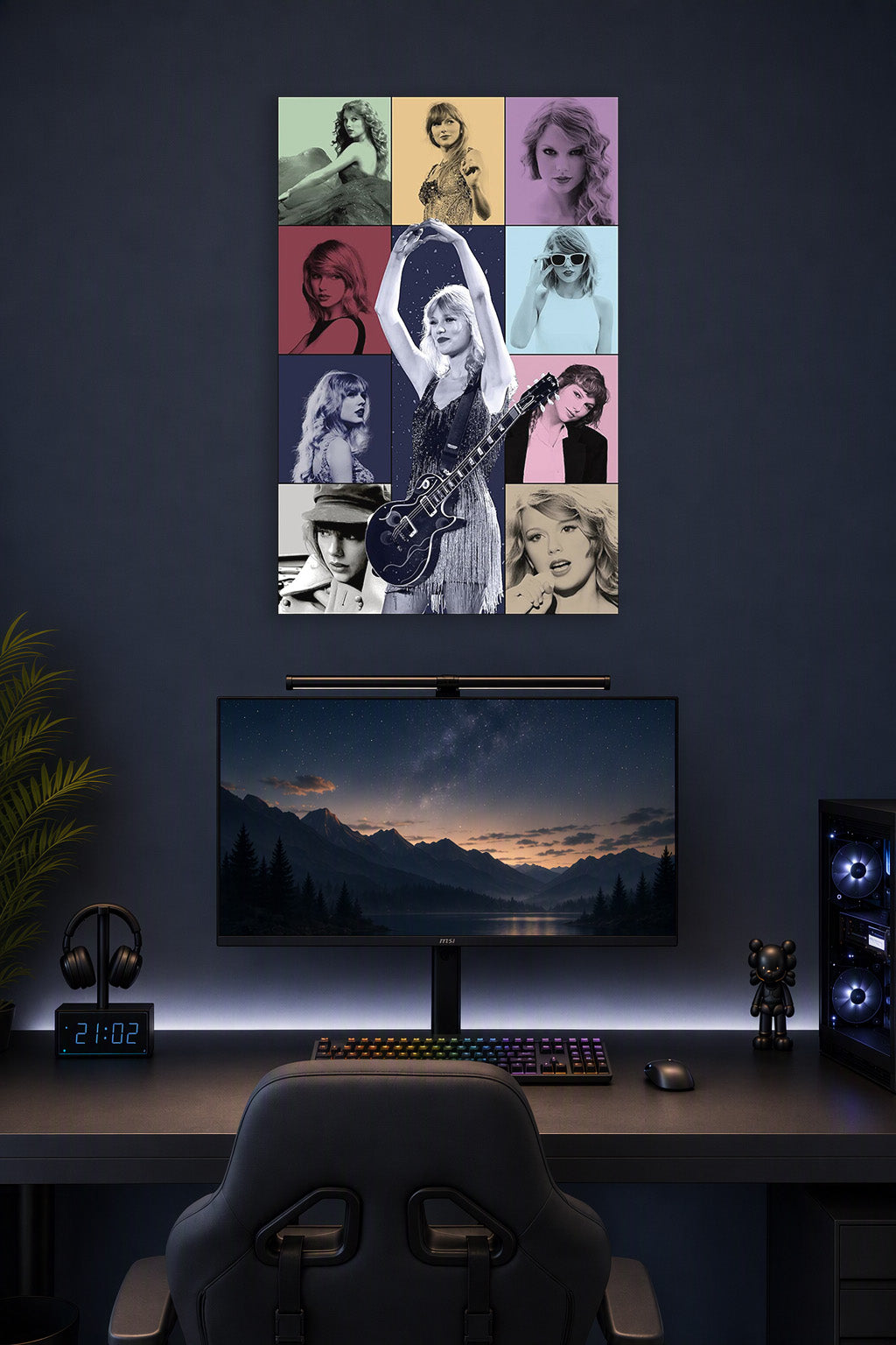 Taylor Swift in a gaming desk setup above a monitor.