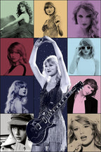 Taylor Swift wall art print collage with a central guitar performance portrait surrounded by colorful era-style panels.