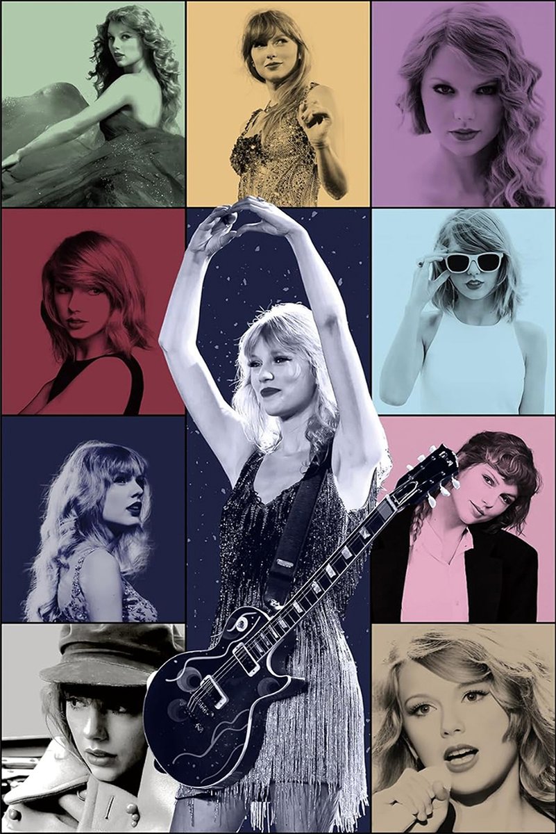 Taylor Swift wall art print collage with a central guitar performance portrait surrounded by colorful era-style panels.