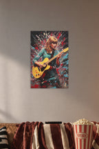 Taylor Swift in a cozy movie room above a brown sofa with popcorn.