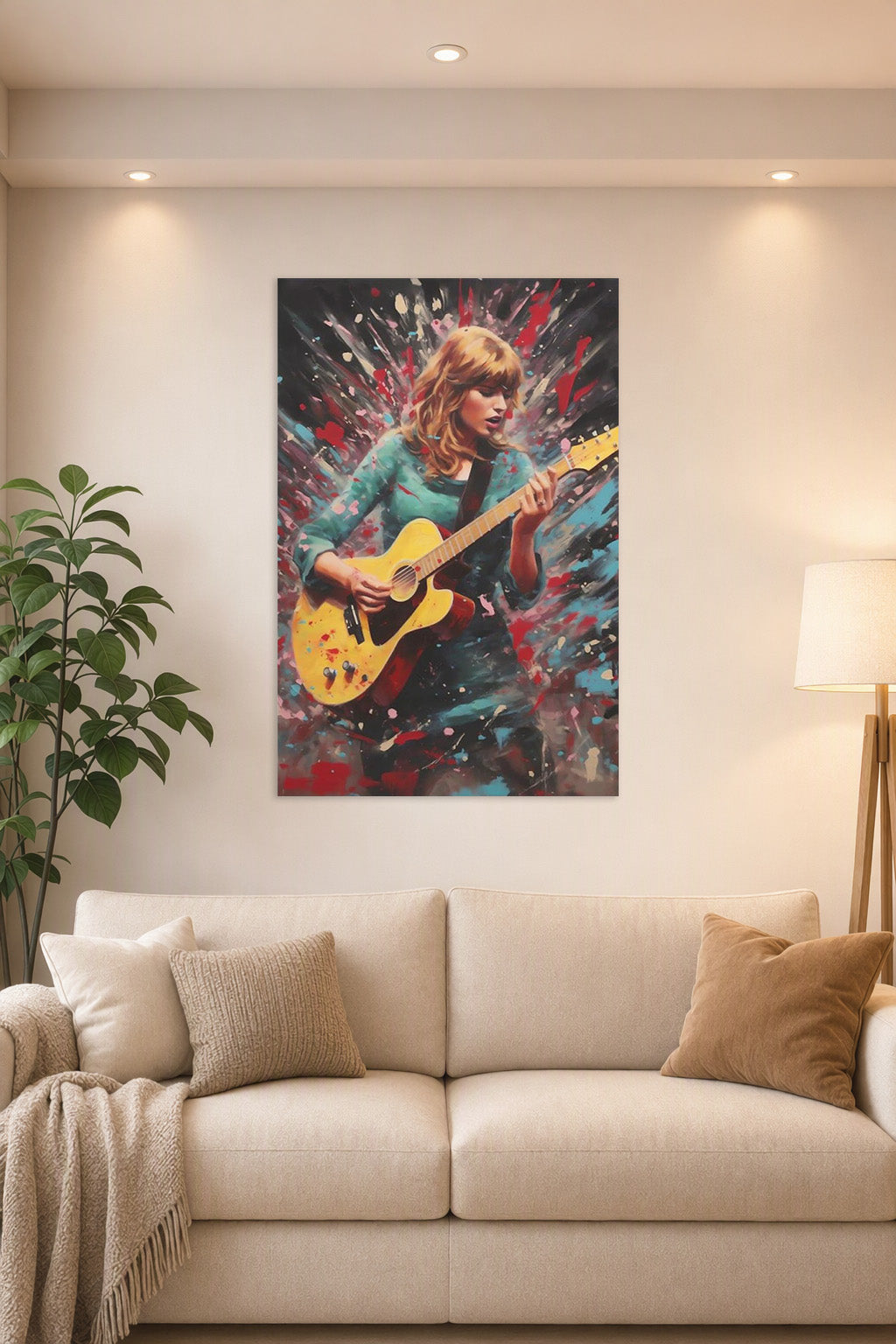 Taylor Swift in a bright living room above a beige sofa.
