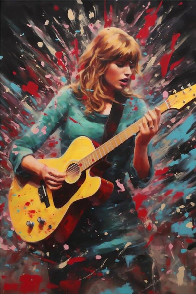 Taylor Swift wall art print portrays a blonde singer playing a yellow guitar amid bold red, teal, pink, and black paint splashes.