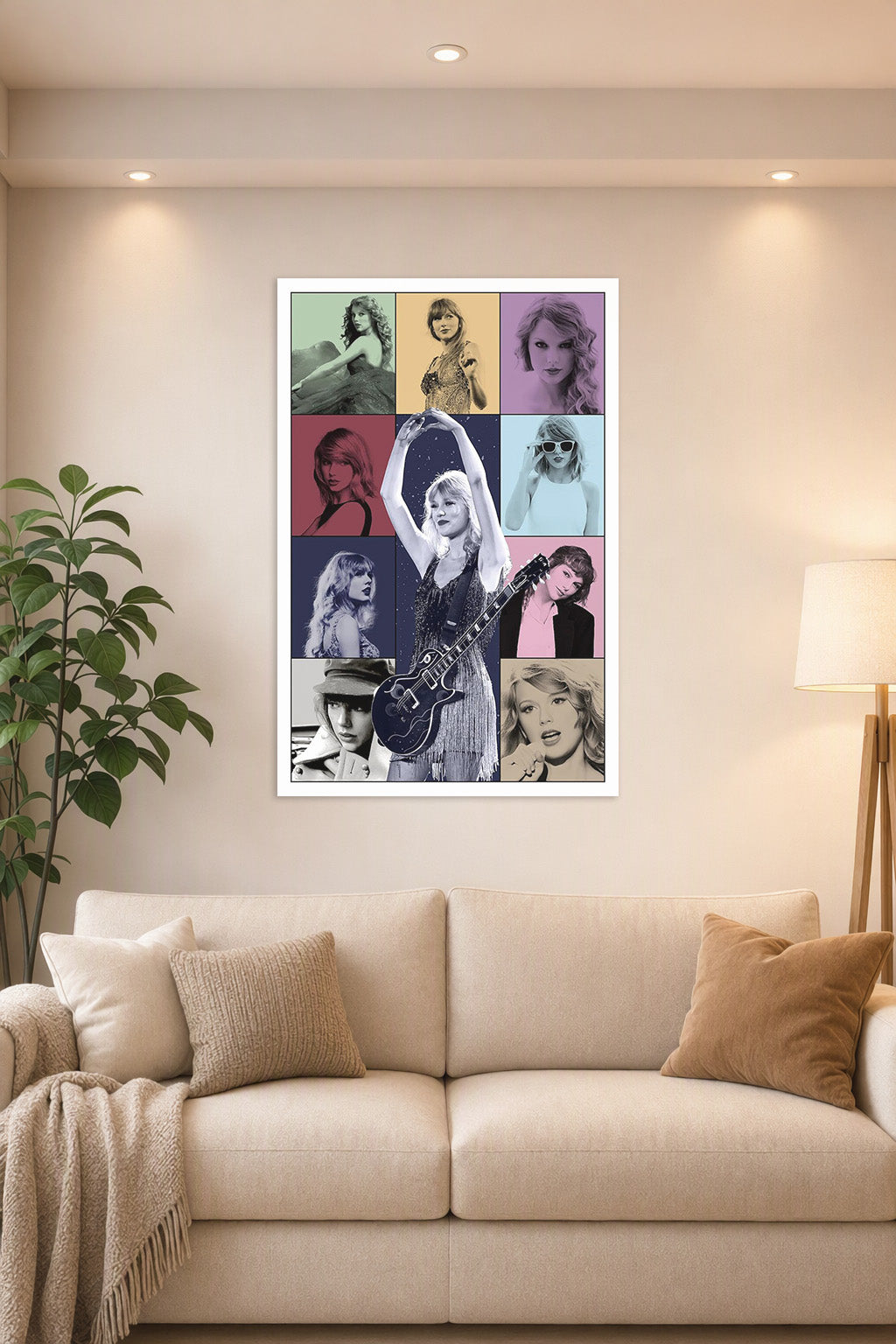 Taylor Swift in a bright living room above a beige sofa.
