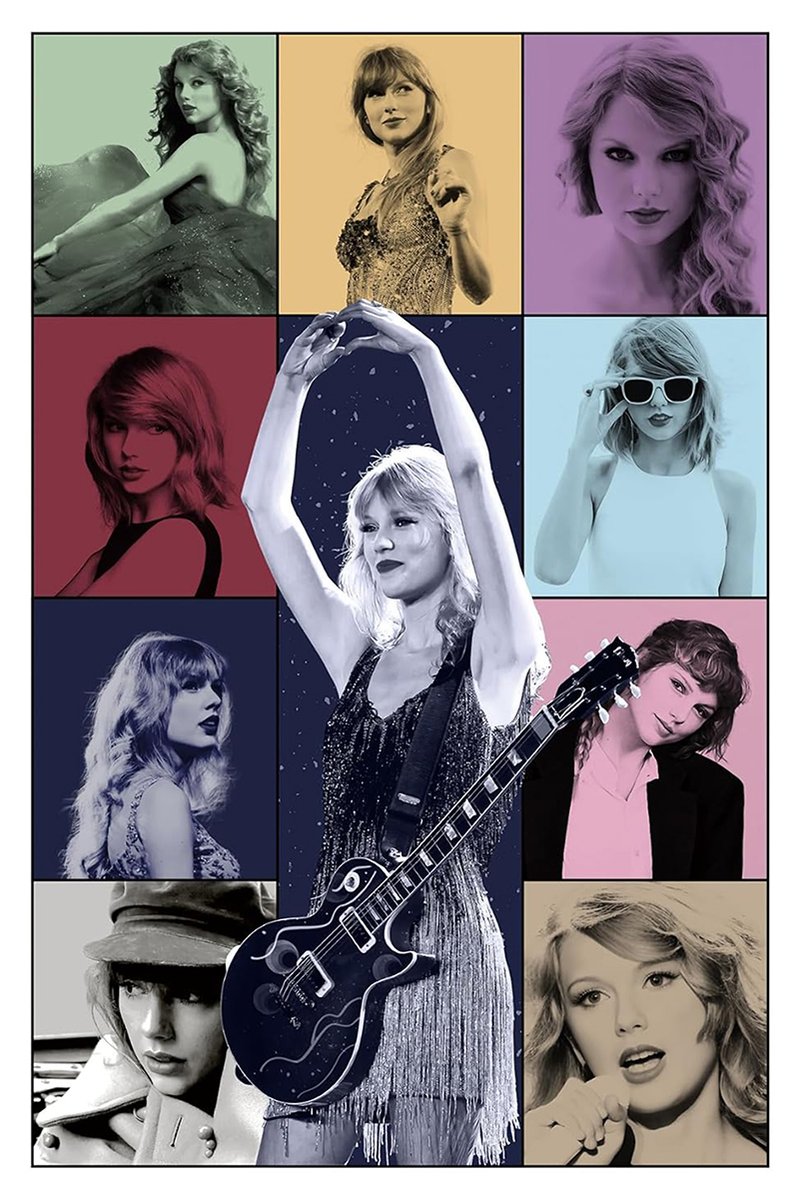 Taylor Swift poster collage with nine colorful portrait panels, centered on her raising her arms with an electric guitar.