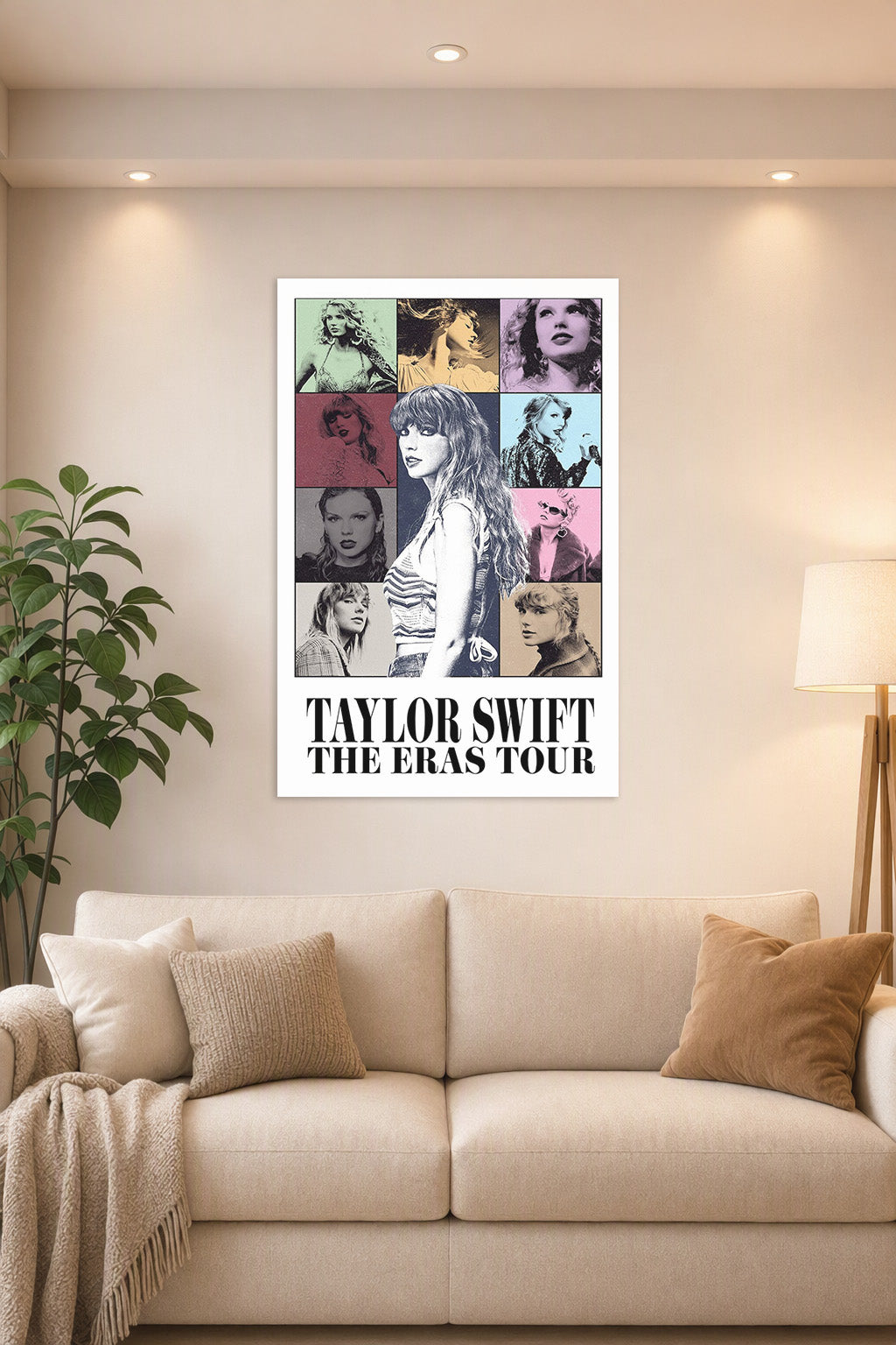 Taylor Swift in a bright living room above a beige sofa.