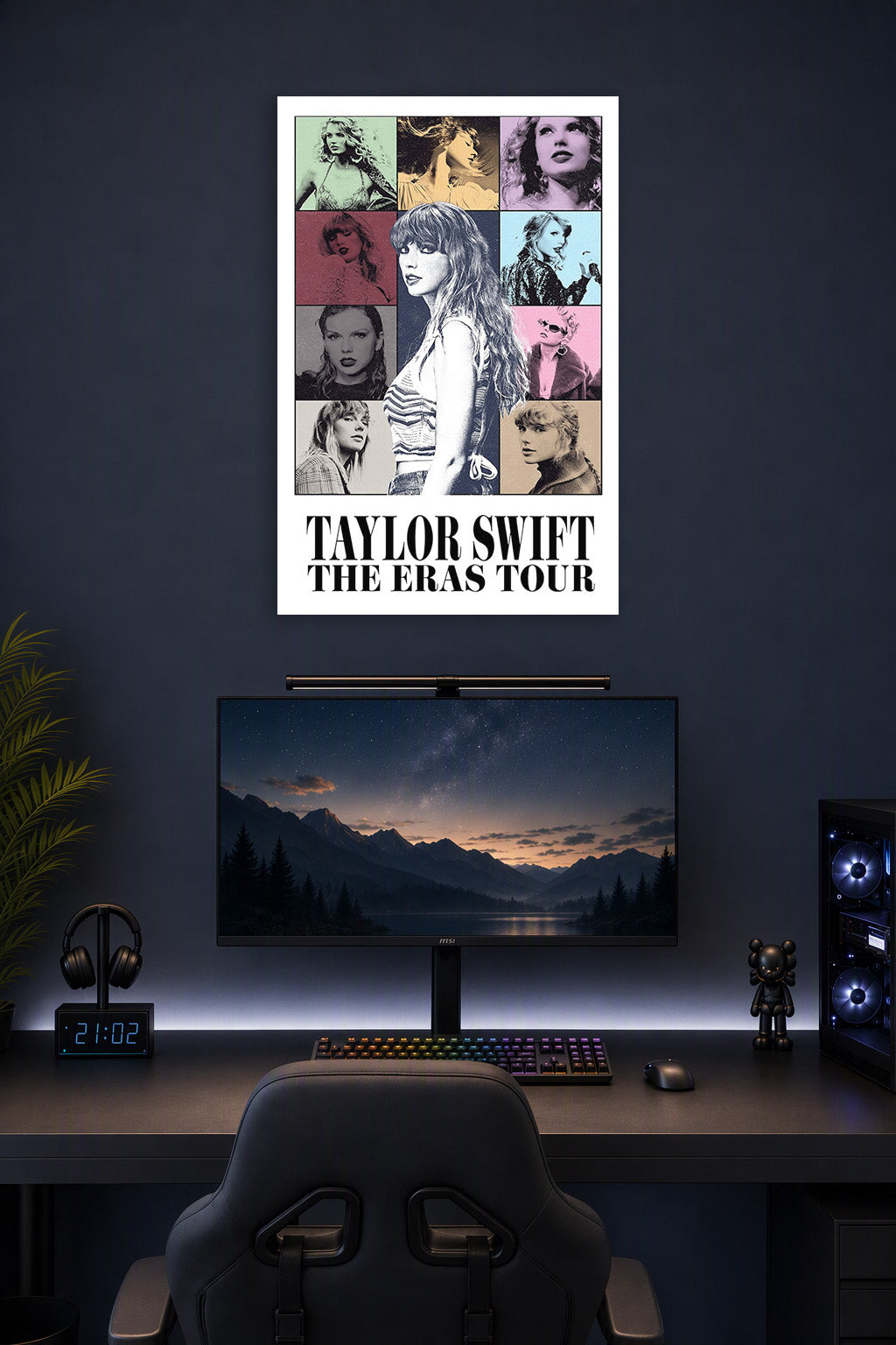 Taylor Swift in a gaming desk setup above a monitor.