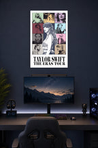 Taylor Swift in a gaming desk setup above a monitor.