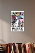 Taylor Swift in a cozy movie room above a brown sofa with popcorn.