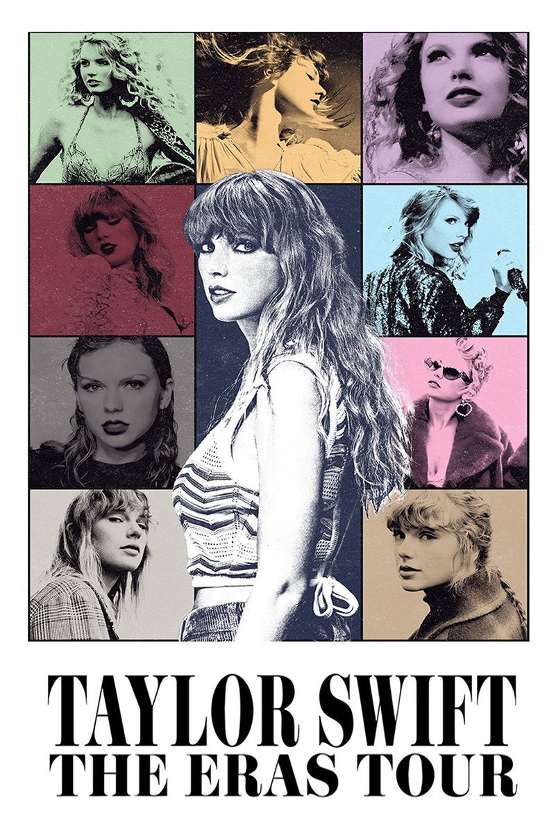 Taylor Swift poster featuring a central black-and-white portrait surrounded by nine colored era-style panels and The Eras Tour text.