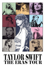 Taylor Swift poster featuring a central black-and-white portrait surrounded by nine colored era-style panels and The Eras Tour text.