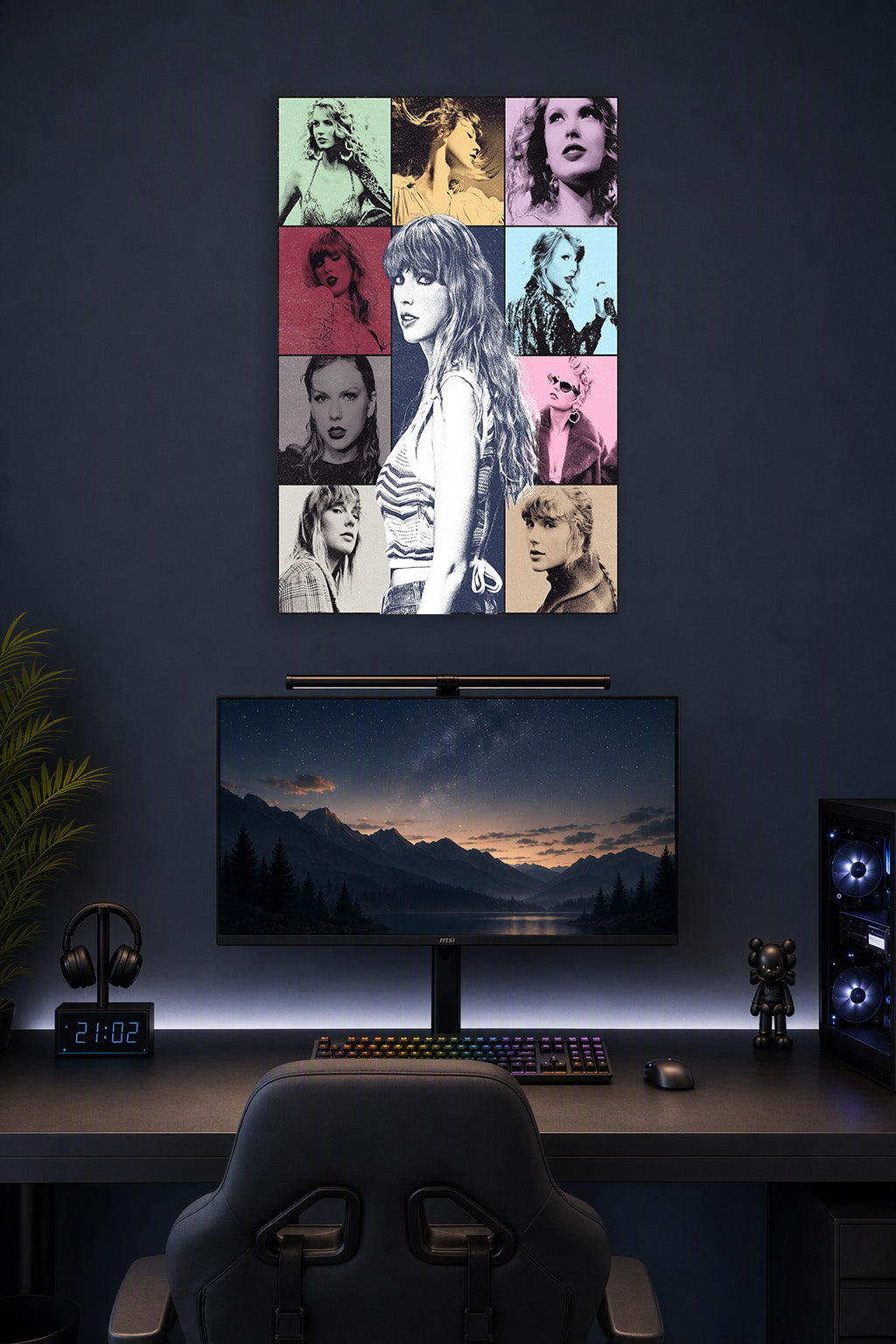 Taylor Swift in a gaming desk setup above a monitor.