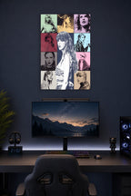 Taylor Swift in a gaming desk setup above a monitor.