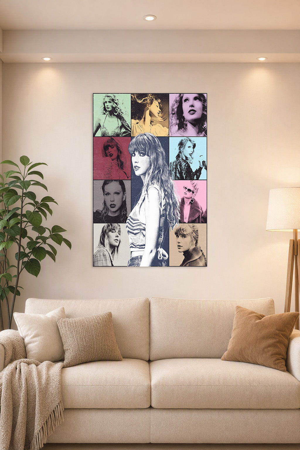 Taylor Swift in a bright living room above a beige sofa.
