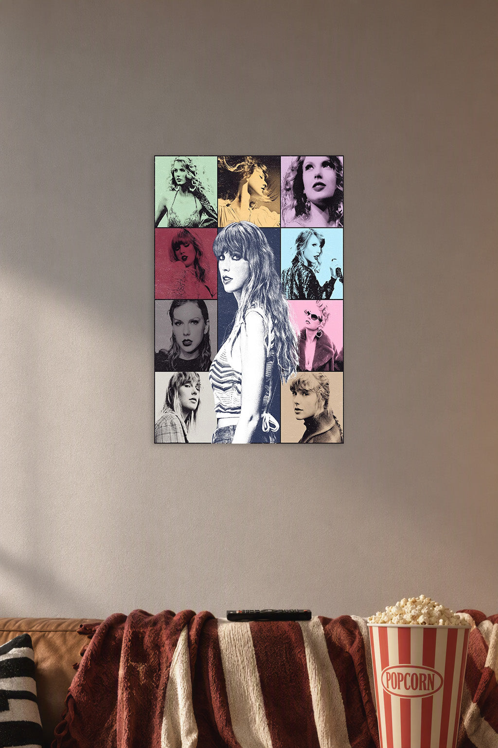 Taylor Swift in a cozy movie room above a brown sofa with popcorn.