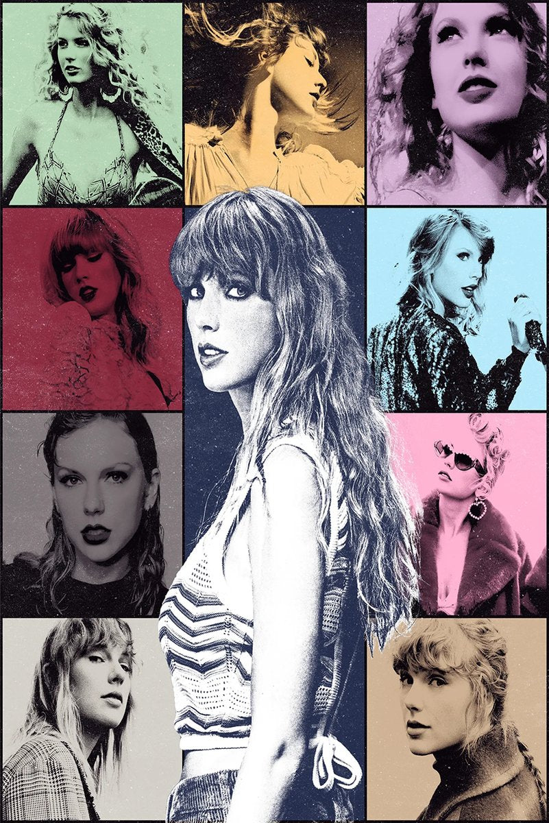 Taylor Swift poster collage with a central black-and-white portrait surrounded by colorful pop-art panels of her in varied looks.