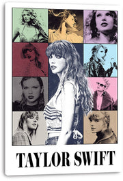 Taylor Swift canvas wall art print featuring a central black-and-white portrait, pastel photo collage panels, and large name lettering.
