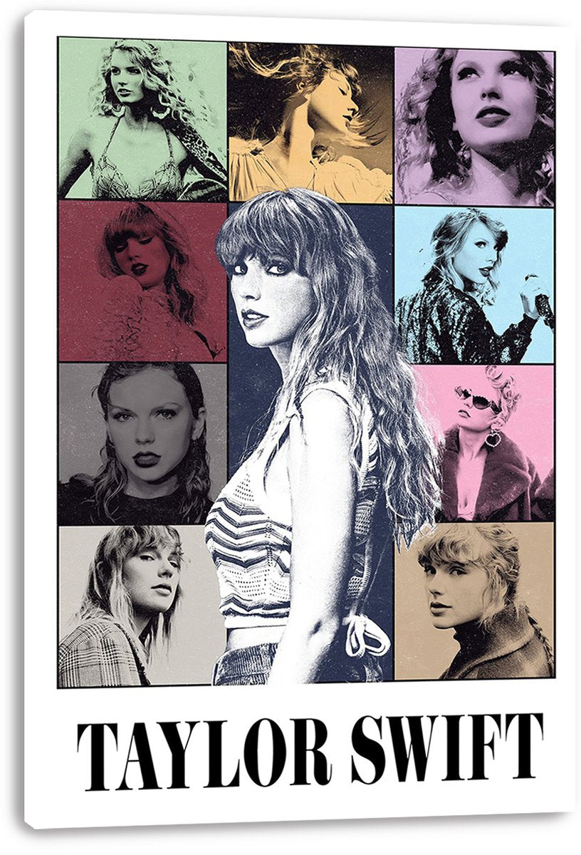 Taylor Swift canvas wall art print featuring a central black-and-white portrait, pastel photo collage panels, and large name lettering.
