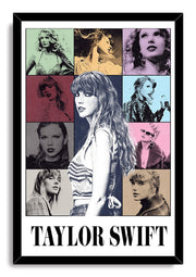 Taylor Swift framed wall art print with a black border, central monochrome portrait, colorful collage panels, and name text.