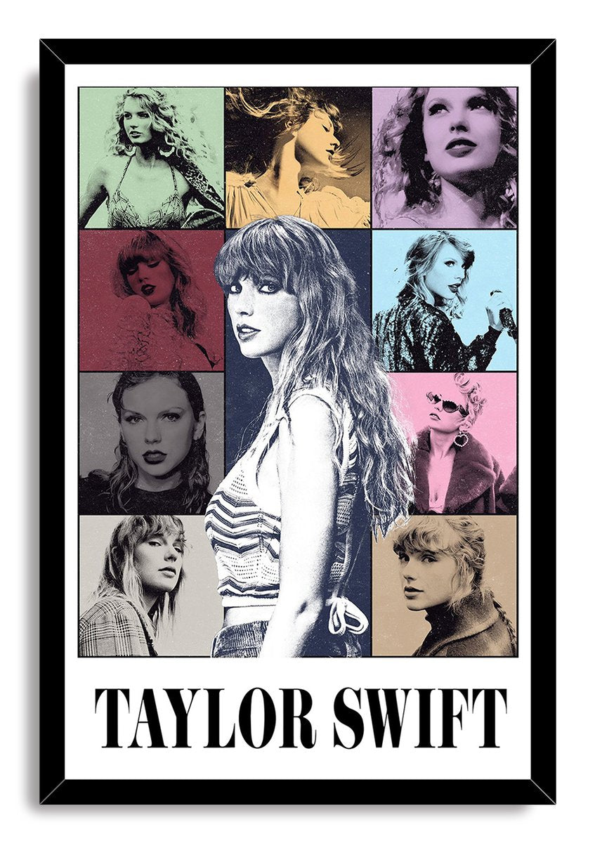 Taylor Swift framed wall art print with a black border, central monochrome portrait, colorful collage panels, and name text.