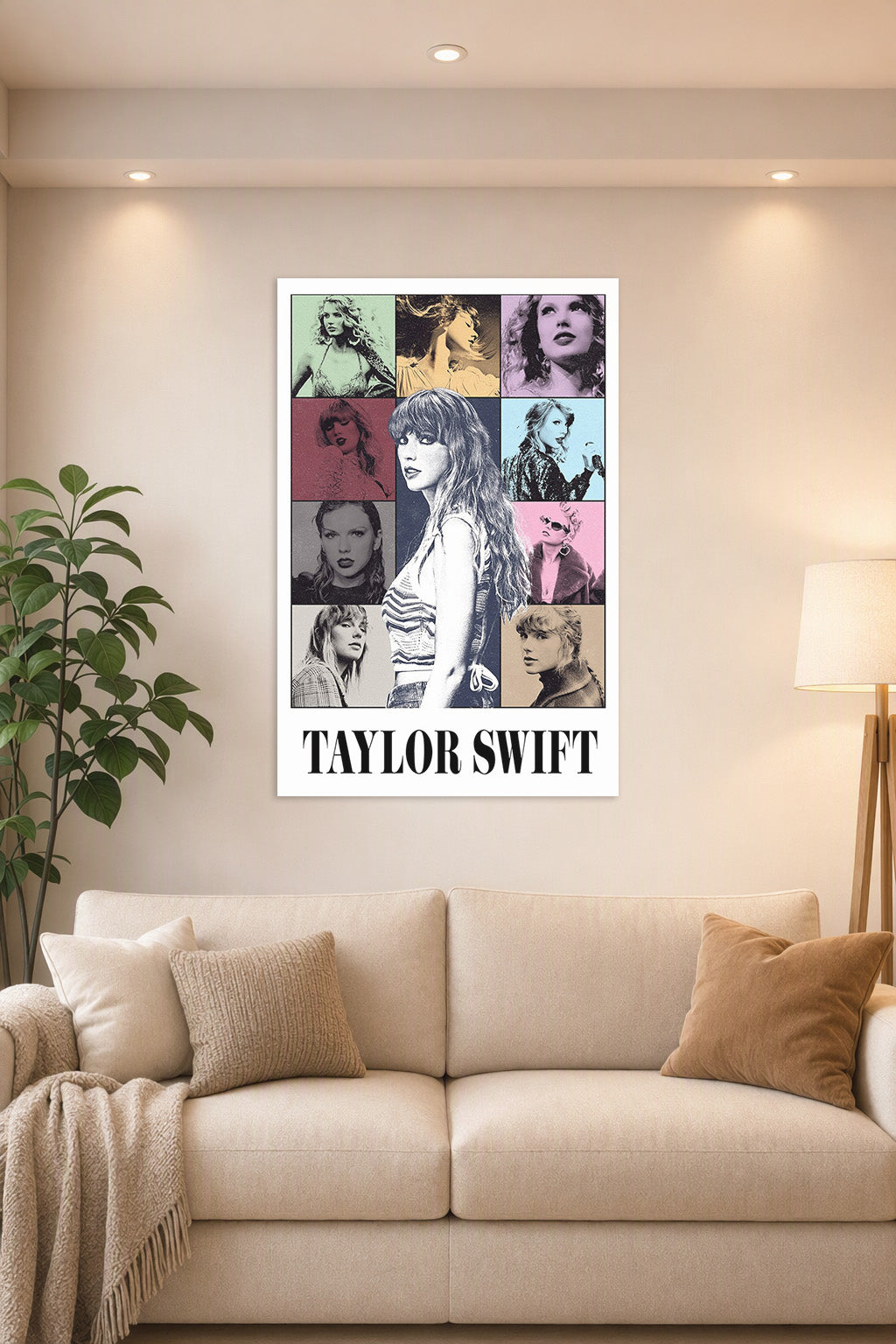 Taylor Swift Eras Pop Art in a bright living room above a beige sofa.