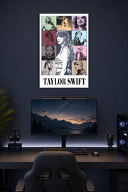 Taylor Swift Eras Pop Art in a gaming desk setup above a monitor.